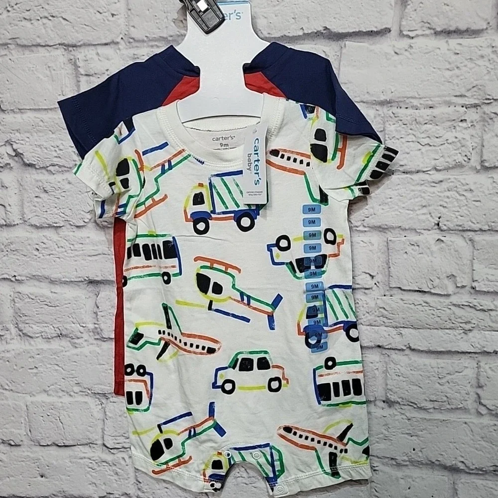 Carters Baby Boys‎ 2-Pack Transportation and Red Raglan Rompers Size 9M NEW
